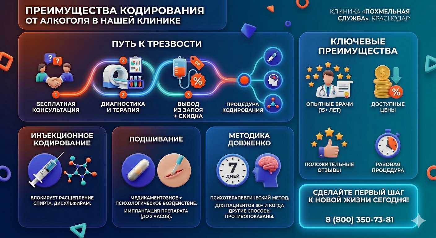Инфографика о методах кодирования от алкоголя в Мценске: инъекции, подшивание, метод Довженко. Преимущества клиники и этапы лечения.